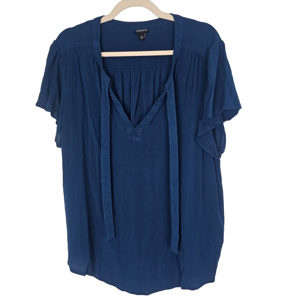 Torrid Top Tie Neck Top V-Neck Top Women 2X Blue Short Sleeve Blouse Casual Top